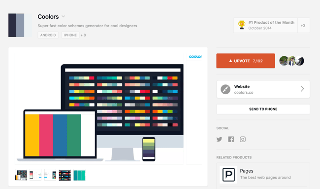 Coolors ProductHunt listing