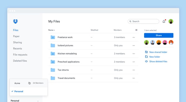 The Dropbox interface, a free cloud storage product 