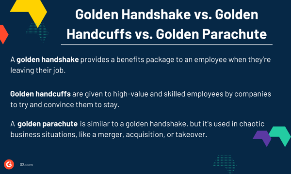 Comparison image for golden handshake vs golden handcuffs vs golden parachute