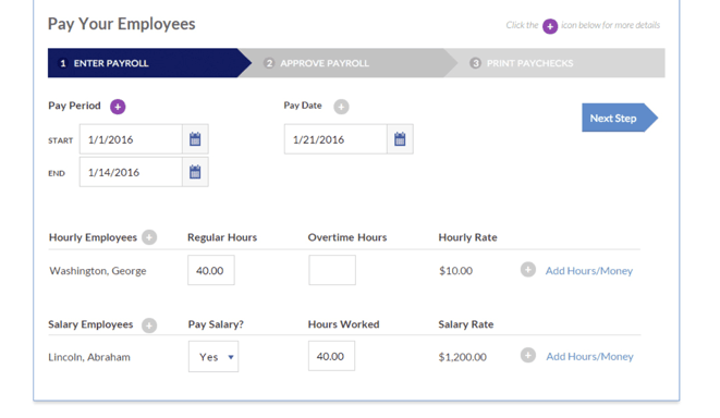 Payroll software being used to enter employee's hourly rates and time worked