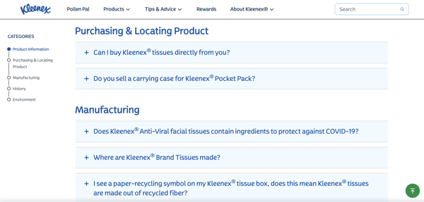 Faq page example: Kleenex