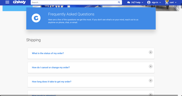 Faq page example: chewy
