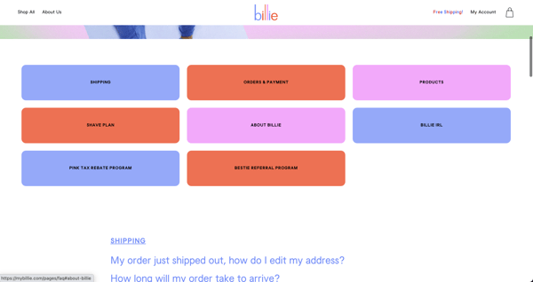 Faq page example: billie