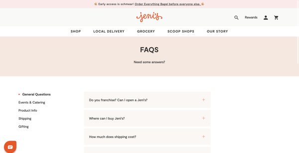 Faq page example: Jeni's