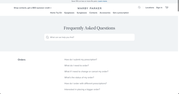 Faq page example: warby parker