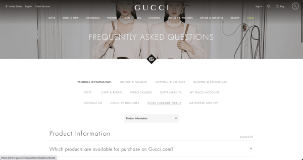 Faq page example: gucci