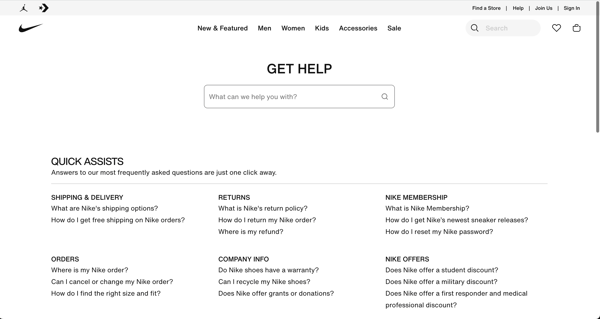 Faq page example: nike