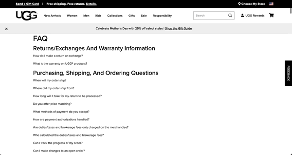 Faq page example: ugg