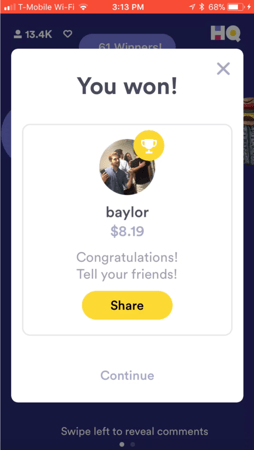 hq trivia in-app social share